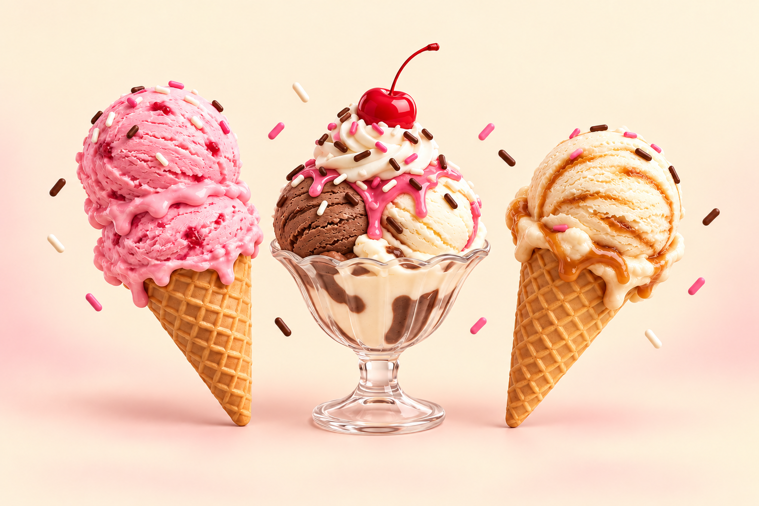 Illustration of strawberry and vanilla cones with a chocolate-and-vanilla sundae, styled in pink and cream